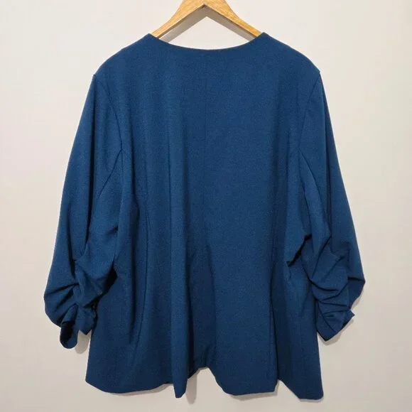 Skies Are Blue Raja Collarless Blazer Sz 2X Teal Open Career 3/4 Ruched Sleeves - Picture 3 of 10